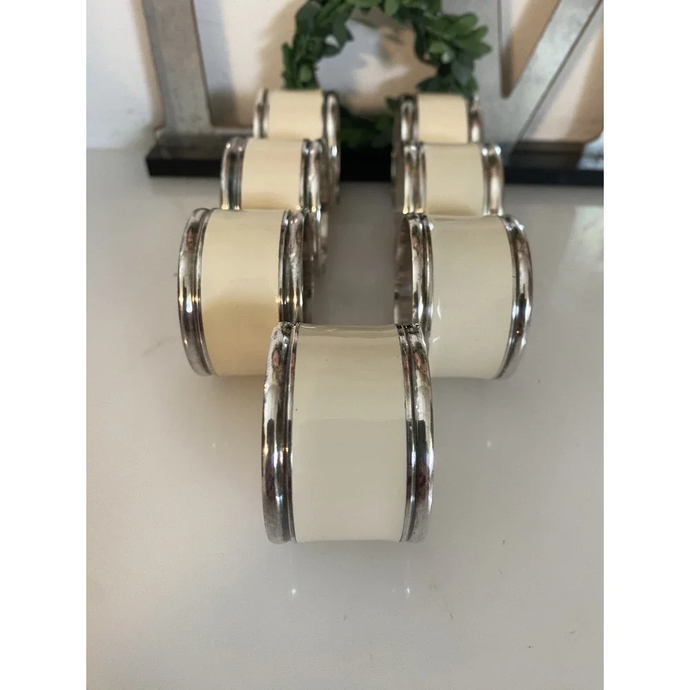 Vintage Set Of‎ 7 Silver Plated And Beige Enamel Napkin Rings Great Quality MCM